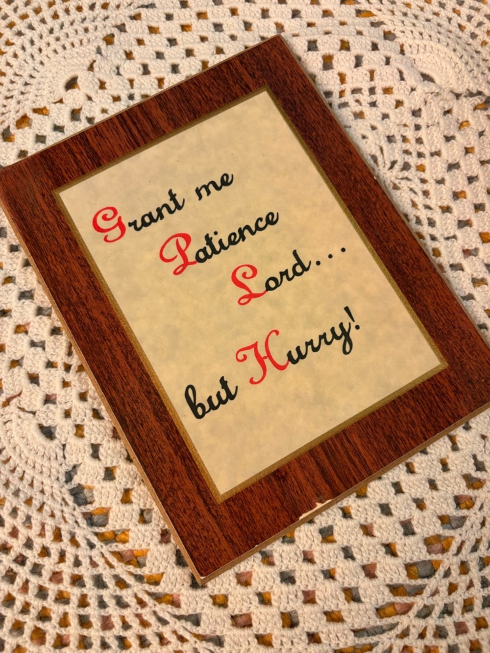 🙏✨ 1970s Wooden “Grant Me Patience Lord… But Hurry!” Wall Plaque ✨🙏